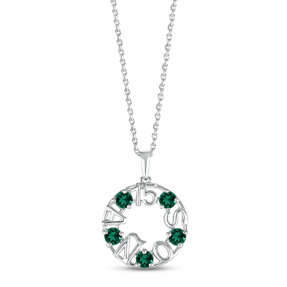 Lab-Created Emerald "15 Años" Birthstone Necklace 10K White Gold 18"
