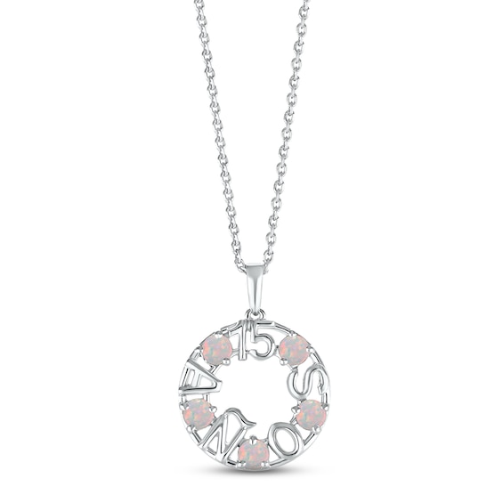 Lab-Created Opal "15 Años" Birthstone Necklace 10K White Gold 18"