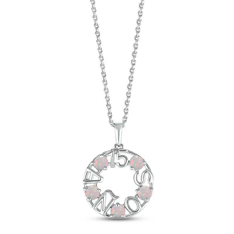 Main Image 1 of Lab-Created Opal &quot;15 Años&quot; Birthstone Necklace 10K White Gold 18&quot;