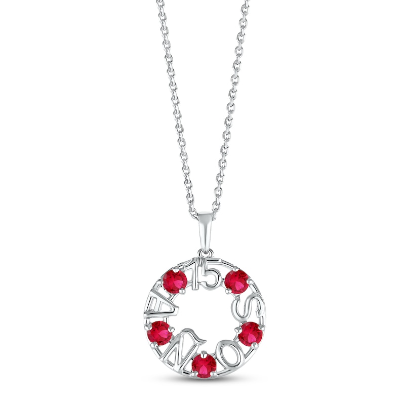 Lab-Created Ruby "15 Años" Birthstone Necklace 10K White Gold 18"