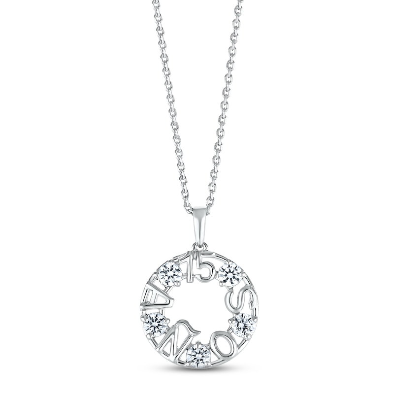 Main Image 1 of White Lab-Created Sapphire &quot;15 Años&quot; Birthstone Necklace 10K White Gold 18&quot;