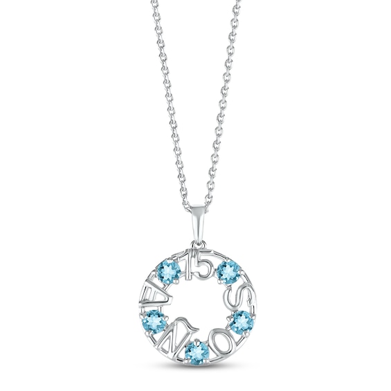 Swiss Blue Topaz "15 Años" Birthstone Necklace 10K White Gold 18"