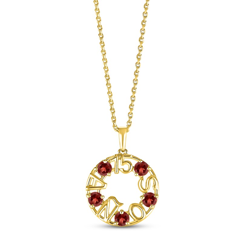 Garnet "15 Años" Birthstone Necklace 10K Yellow Gold 18"