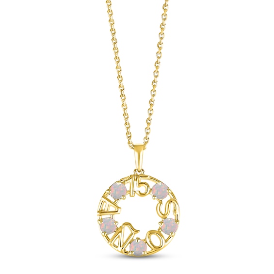 Lab-Created Opal "15 Años" Birthstone Necklace 10K Yellow Gold 18"