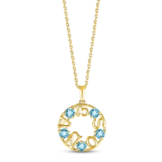 Swiss Blue Topaz "15 Años" Birthstone Necklace 10K Yellow Gold 18"