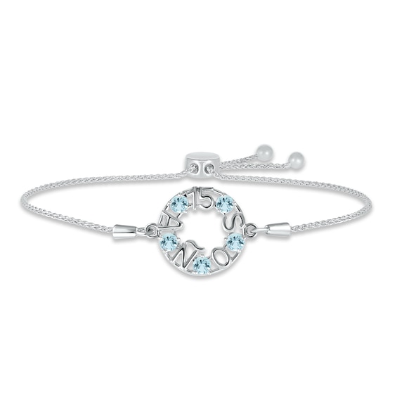 Aquamarine "15 Años" Birthstone Bolo Bracelet Sterling Silver 9.5"