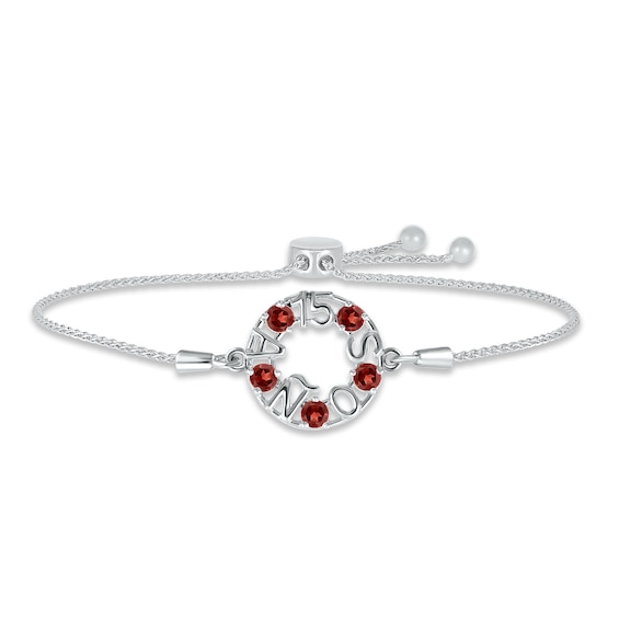 Garnet "15 Años" Birthstone Bolo Bracelet Sterling Silver 9.5"