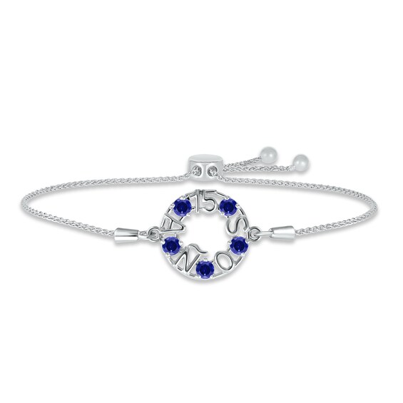 Blue Lab-Created Sapphire "15 Años" Birthstone Bolo Bracelet Sterling Silver 9.5"