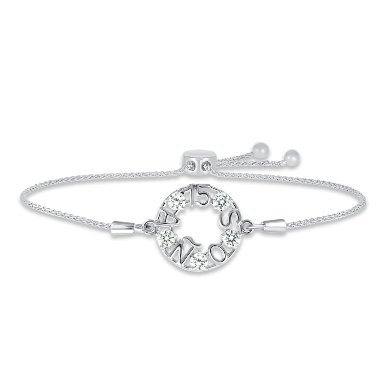 Main Image 1 of White Lab-Created Sapphire &quot;15 Años&quot; Birthstone Bolo Bracelet Sterling Silver 9.5&quot;