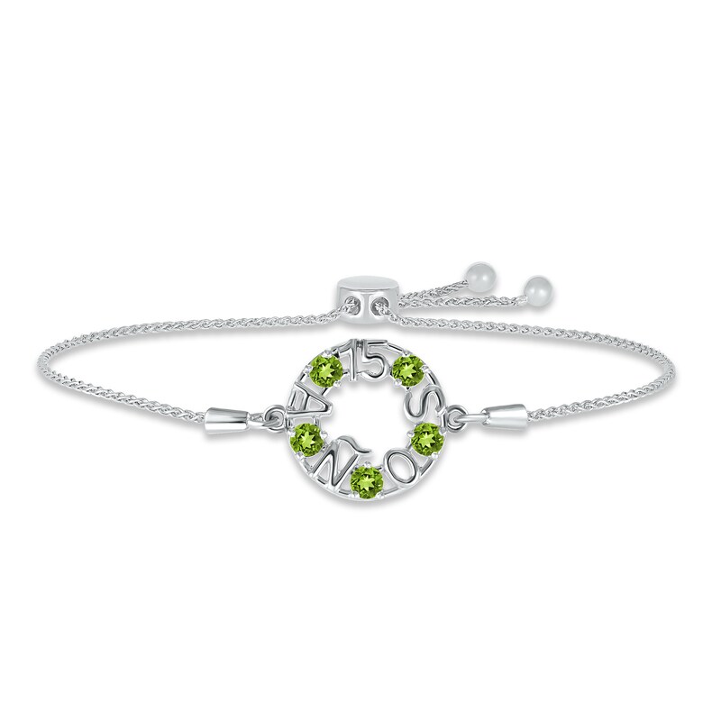 Peridot "15 Años" Birthstone Bolo Bracelet Sterling Silver 9.5"