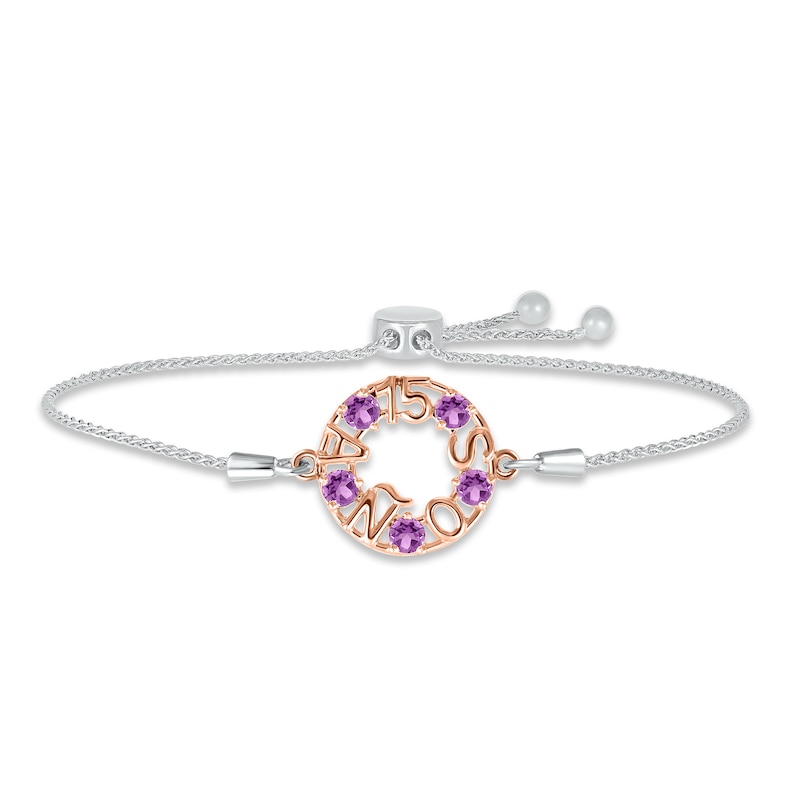 Amethyst "15 Años" Birthstone Bolo Bracelet Sterling Silver & 10K Rose Gold 9.5"