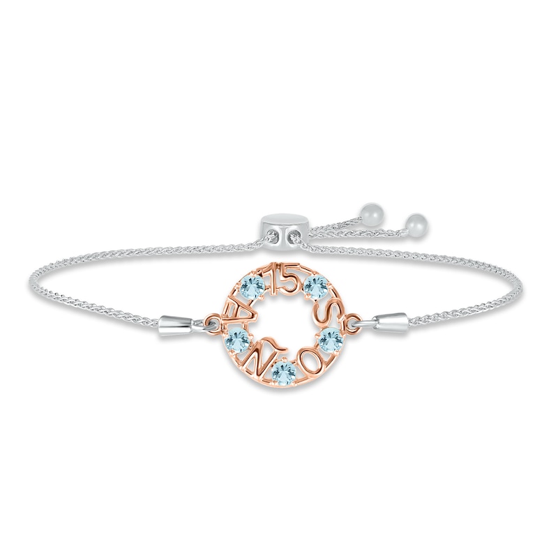 Aquamarine "15 Años" Birthstone Bolo Bracelet Sterling Silver & 10K Rose Gold 9.5"