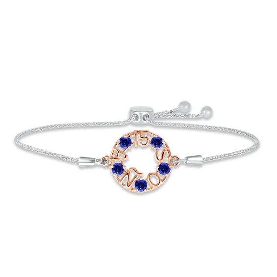 Blue Lab-Created Sapphire "15 Años" Birthstone Bolo Bracelet Sterling Silver & 10K Rose Gold 9.5"