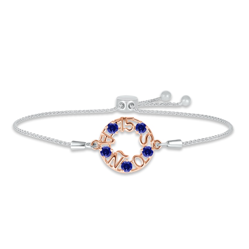 Main Image 1 of Blue Lab-Created Sapphire &quot;15 Años&quot; Birthstone Bolo Bracelet Sterling Silver & 10K Rose Gold 9.5&quot;