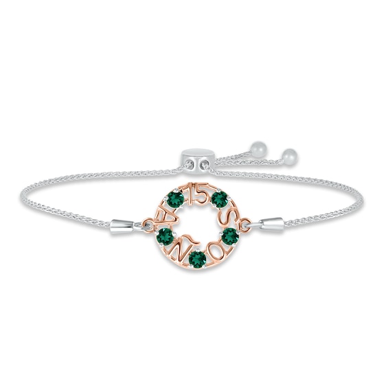 Lab-Created Emerald "15 Años" Birthstone Bolo Bracelet Sterling Silver & 10K Rose Gold 9.5"