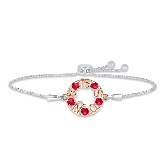 Lab-Created Ruby "15 Años" Birthstone Bolo Bracelet Sterling Silver & 10K Rose Gold 9.5"