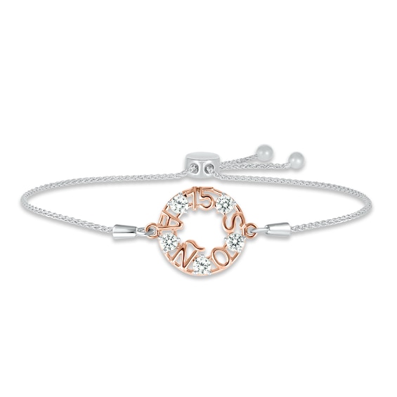 White Lab-Created Sapphire "15 Años" Birthstone Bolo Bracelet Sterling Silver & 10K Rose Gold 9.5"