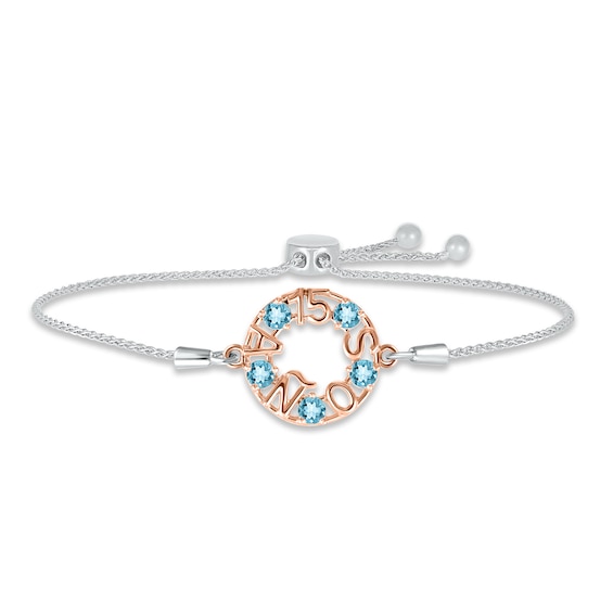 Swiss Blue Topaz "15 Años" Birthstone Bolo Bracelet Sterling Silver & 10K Rose Gold 9.5"