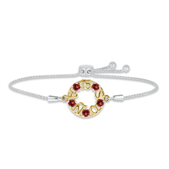 Garnet "15 Años" Birthstone Bolo Bracelet Sterling Silver & 10K Yellow Gold 9.5"