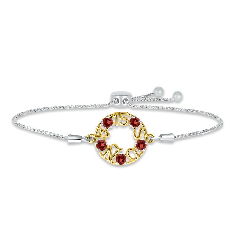 Main Image 1 of Garnet &quot;15 Años&quot; Birthstone Bolo Bracelet Sterling Silver & 10K Yellow Gold 9.5&quot;