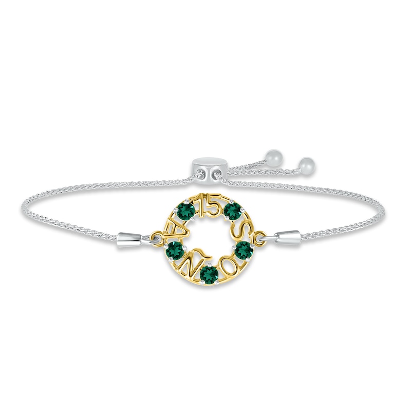 Main Image 1 of Lab-Created Emerald "15 Años" Birthstone Bolo Bracelet Sterling Silver & 10K Yellow Gold 9.5"