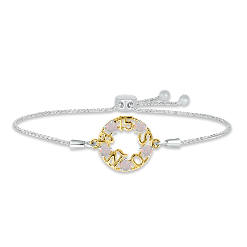 Lab-Created Opal "15 Años" Birthstone Bolo Bracelet Sterling Silver & 10K Yellow Gold 9.5"