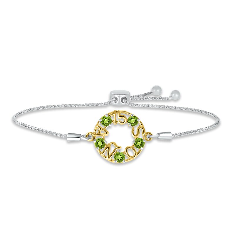 Main Image 1 of Peridot &quot;15 Años&quot; Birthstone Bolo Bracelet Sterling Silver & 10K Yellow Gold 9.5&quot;