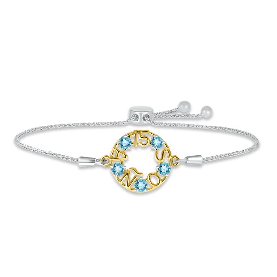 Swiss Blue Topaz "15 Años" Birthstone Bolo Bracelet Sterling Silver & 10K Yellow Gold 9.5"