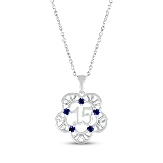 Blue Lab-Created Sapphire Quinceañera Flower Necklace Sterling Silver 18"
