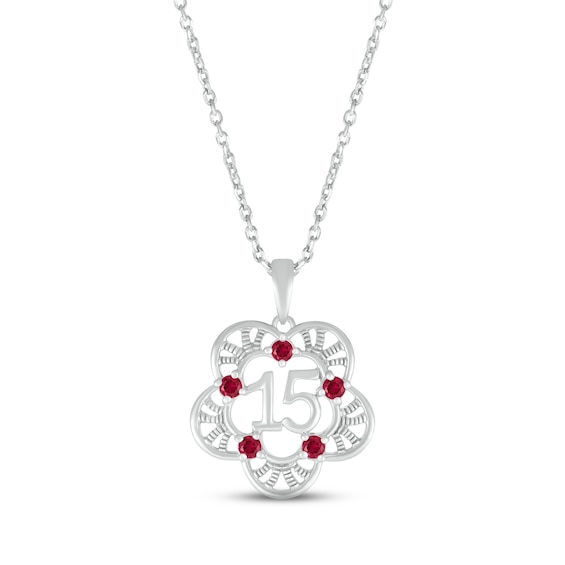 Lab-Created Ruby Quinceañera Flower Necklace Sterling Silver 18"