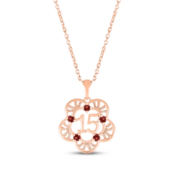 Garnet Quinceañera Flower Necklace 10K Rose Gold 18"