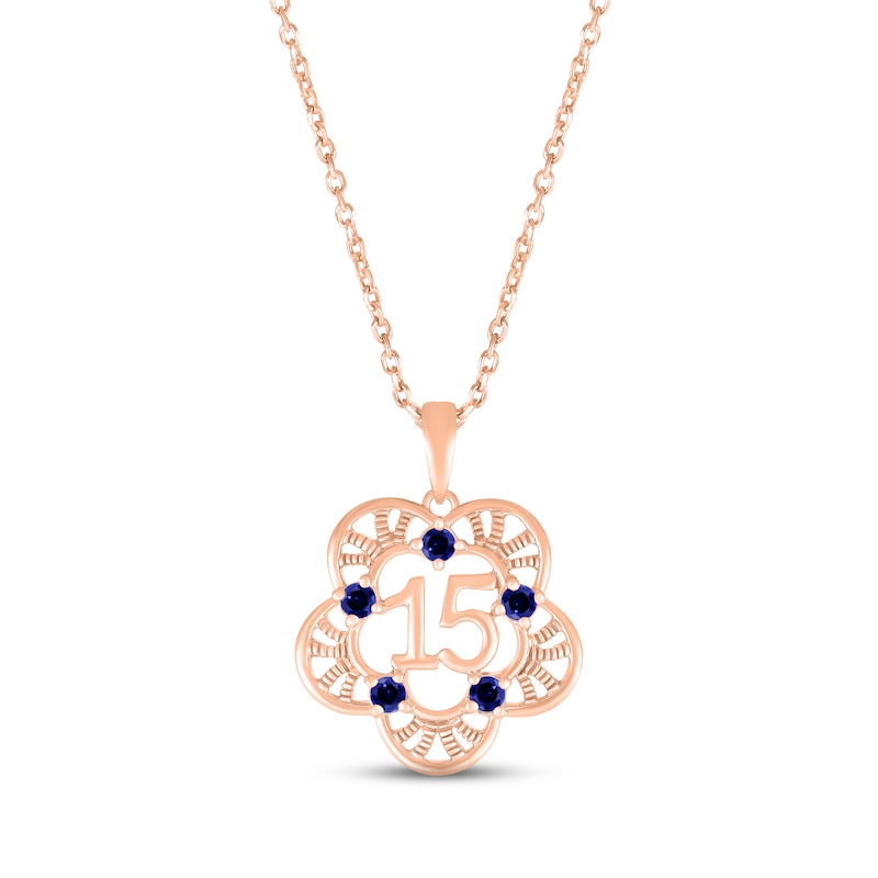 Blue Lab-Created Sapphire Quinceañera Flower Necklace 10K Rose Gold 18"