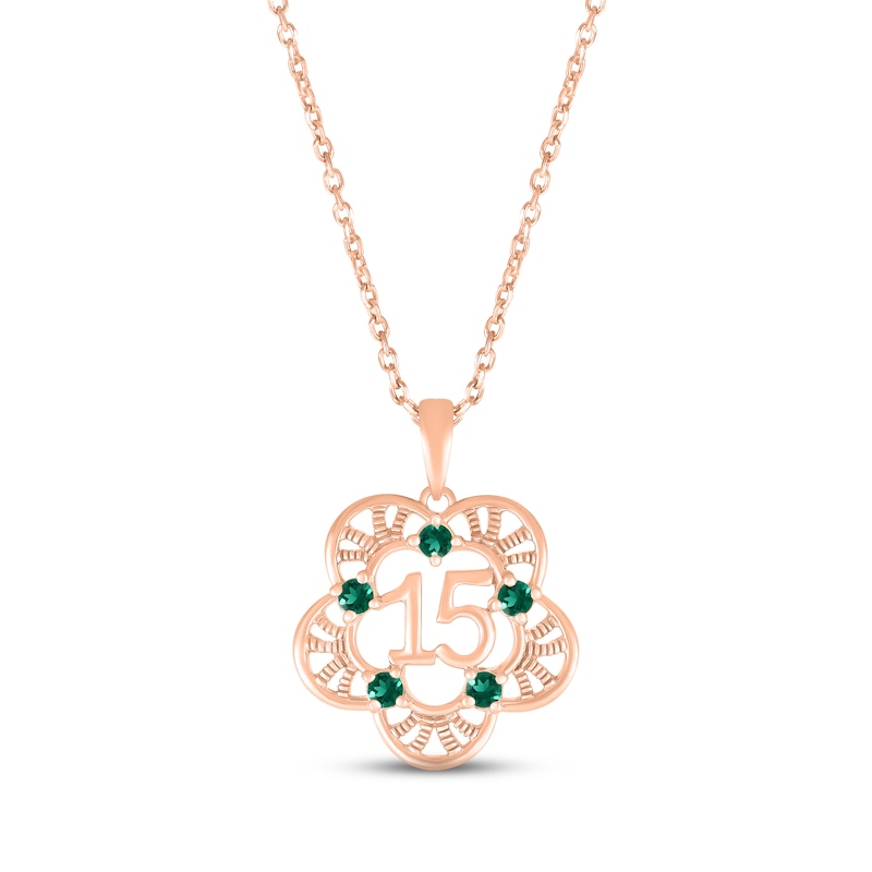 Main Image 1 of Lab-Created Emerald Quinceañera Flower Necklace 10K Rose Gold 18&quot;