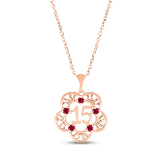 Lab-Created Ruby Quinceañera Flower Necklace 10K Rose Gold 18"
