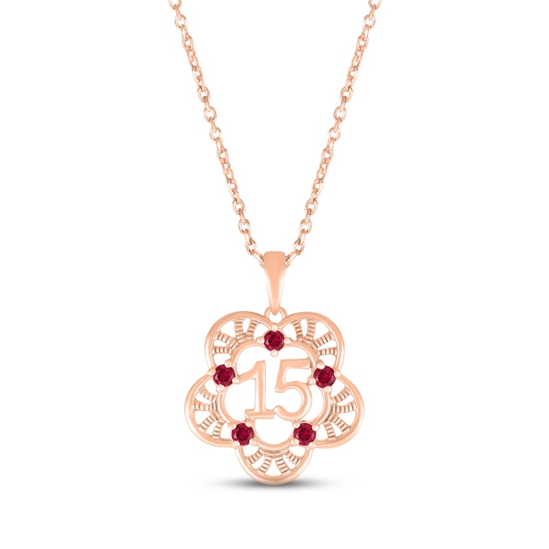 Main Image 1 of Lab-Created Ruby Quinceañera Flower Necklace 10K Rose Gold 18&quot;