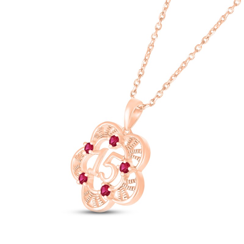 Main Image 2 of Lab-Created Ruby Quinceañera Flower Necklace 10K Rose Gold 18&quot;