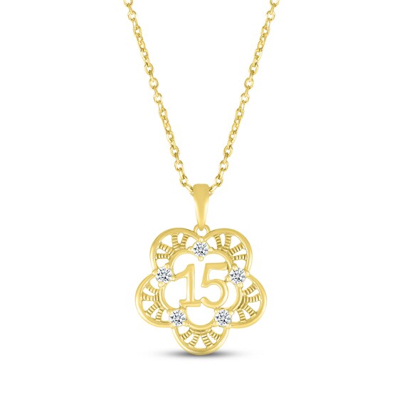 White Lab-Created Sapphire Quinceañera Flower Necklace 10K Yellow Gold 18"