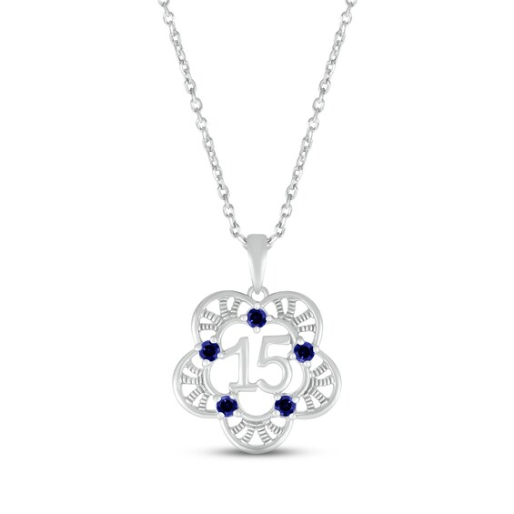 Blue Lab-Created Sapphire Quinceañera Flower Necklace 10K White Gold 18"