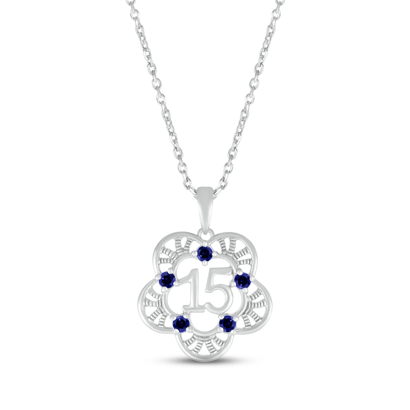 Main Image 1 of Blue Lab-Created Sapphire Quinceañera Flower Necklace 10K White Gold 18"