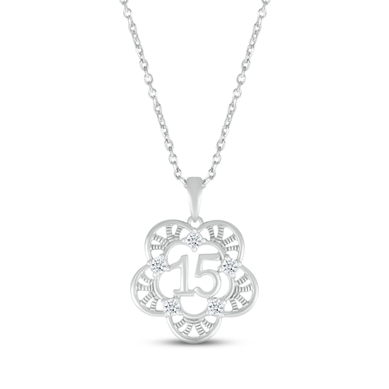 White Lab-Created Sapphire Quinceañera Flower Necklace 10K White Gold 18"