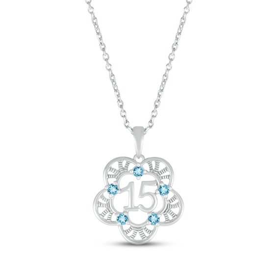 Swiss Blue Topaz Quinceañera Flower Necklace 10K White Gold 18"