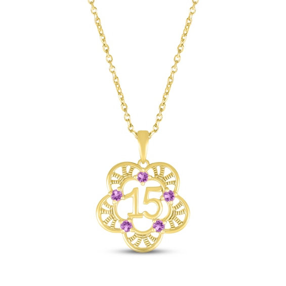 Amethyst Quinceañera Flower Necklace 10K Yellow Gold 18"