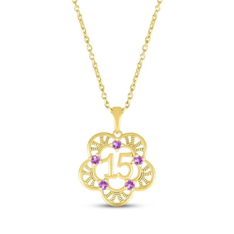 Amethyst Quinceañera Flower Necklace 10K Yellow Gold 18"