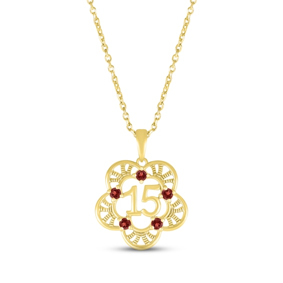 Garnet Quinceañera Flower Necklace 10K Yellow Gold 18"