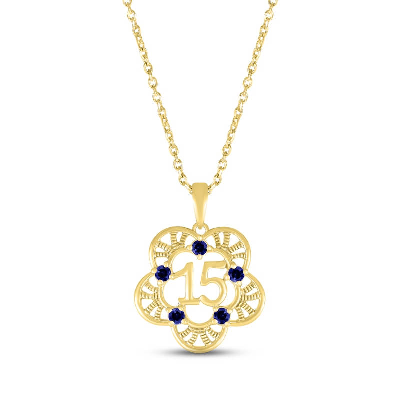 Blue Lab-Created Sapphire Quinceañera Flower Necklace 10K Yellow Gold 18"