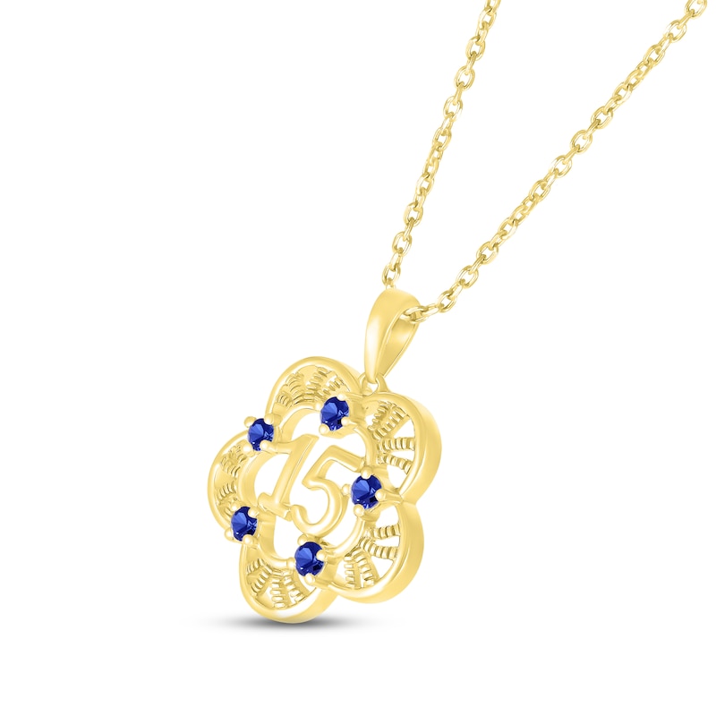Blue Lab-Created Sapphire Quinceañera Flower Necklace 10K Yellow Gold 18"