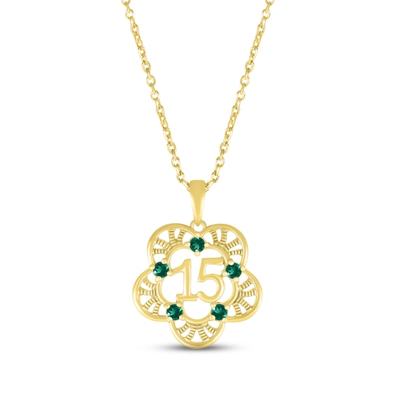 Lab-Created Emerald Quinceañera Flower Necklace 10K Yellow Gold 18"