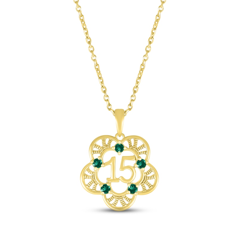 Main Image 1 of Lab-Created Emerald Quinceañera Flower Necklace 10K Yellow Gold 18"