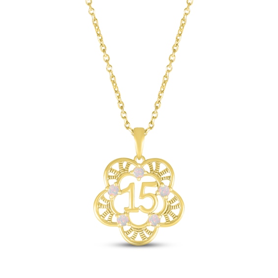 Lab-Created Opal Quinceañera Flower Necklace 10K Yellow Gold 18"
