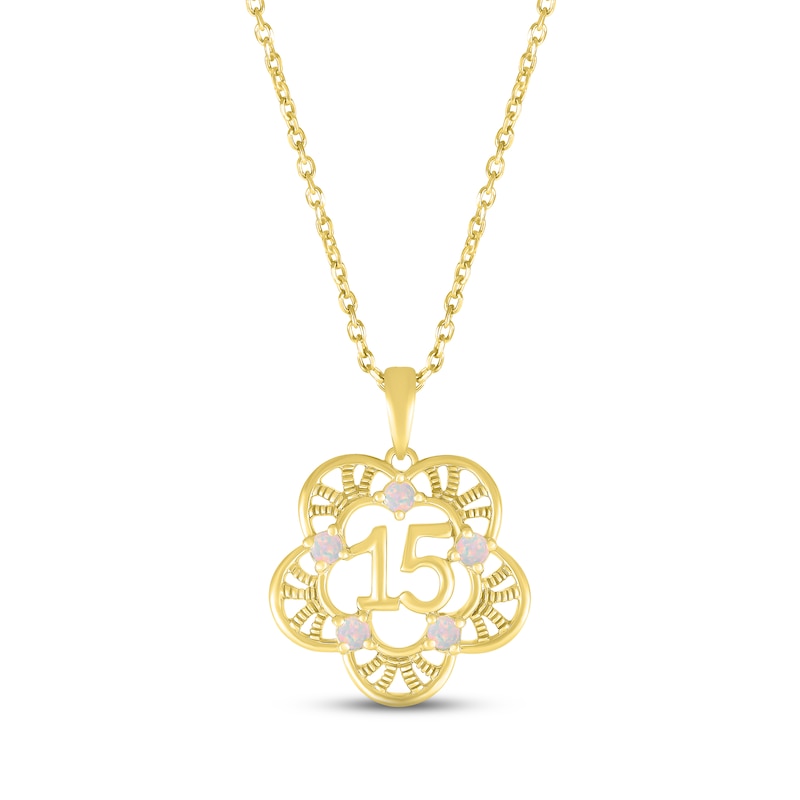 Main Image 1 of Lab-Created Opal Quinceañera Flower Necklace 10K Yellow Gold 18&quot;